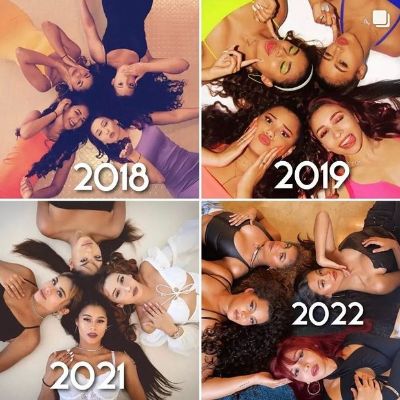 There are four pictures with different years showing the group evolution.